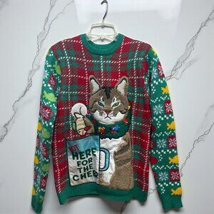 Blizzard Bay Ugly Christmas Sweater With Fuzzy Cat Drink Pocket Sz Small